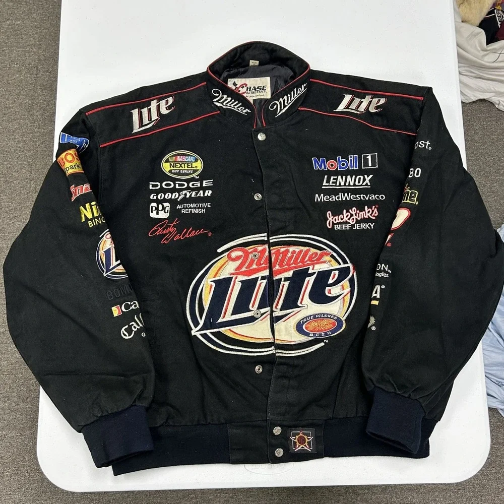 Chase Authentics Racing Jacket Mens XL Black Excellent Miller Lite NASCAR Rusty